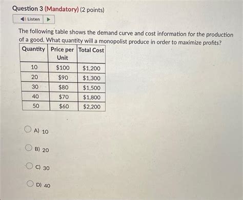 Solved The Following Table Shows The Demand Curve And Co