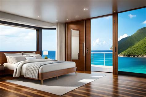 Premium AI Image | a bedroom with a view of the ocean and a cruise ship.