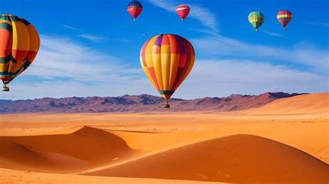 Premium AI Image Beautiful Colorful Hot Air Baloons And Dramatic Clouds Over The Sand Dunes In