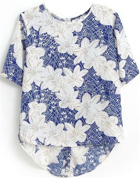 Blue White Short Sleeve Floral Dipped Hem Blouse