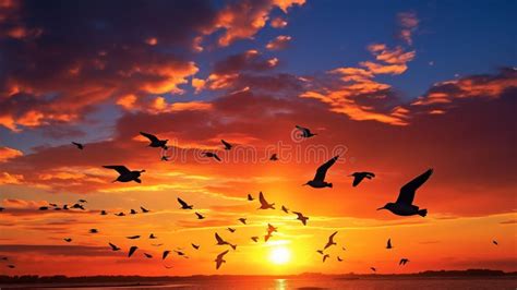 Silhouetted Birds in Flight Against a Stunning Sunset Sky Stock Image ...