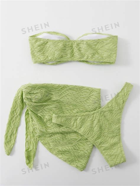 Shein Swim Vcay Textured Bikini Set O Ring Bandeau Bra Top Bikini Bottom Skirt Piece