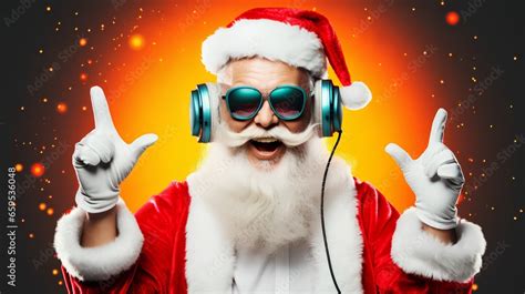 Festive Santa Claus With DJ Headphones Inviting To Nightclub Christmas