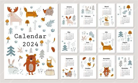 Calendario 2024 Con Animales Ilustración De Vector Dibujado A Mano