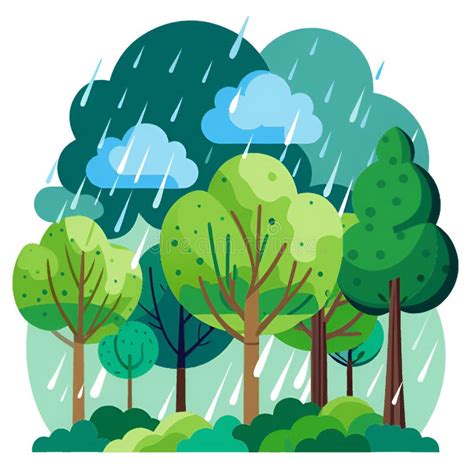 Vector Cartoon Illustration of Rain and Trees Stock Illustration ...