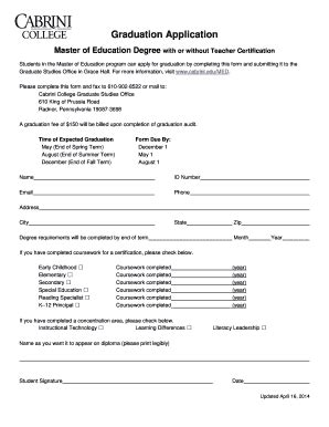 Fillable Online Cabrini Graduation Application Cabrini College Fax