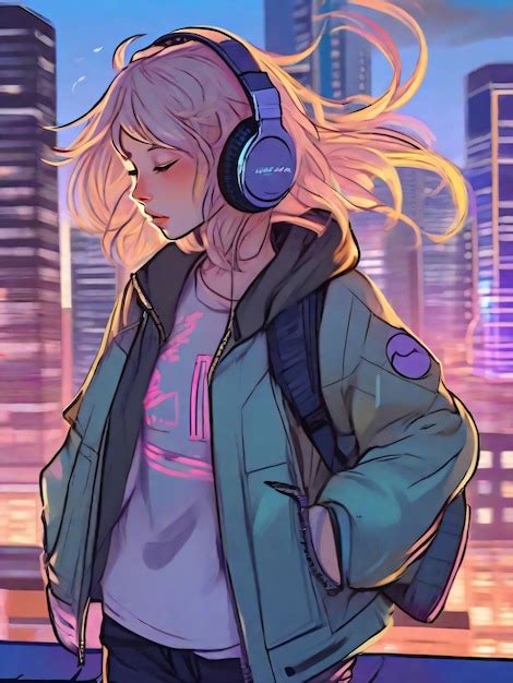 Premium Ai Image Anime Girl With Headphones And Jacket Finds Tranquility On Rooftop