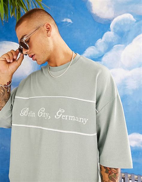 Asos Design Oversized T Shirt In Blue Texture With Berlin City