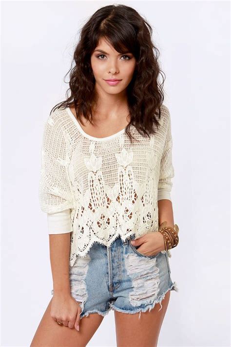 Crochet Or The Highway Ivory Crocheted Top Ivory Crochet Denim And Lace