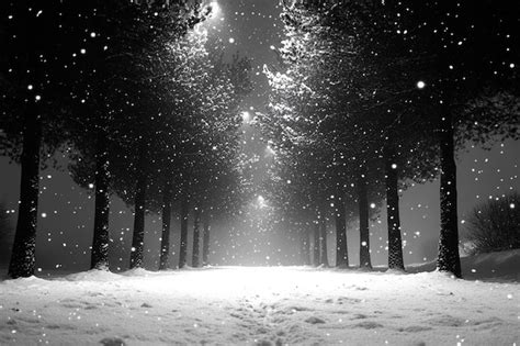 Snowy forest during a heavy snowfall with snowflakes softly falling ...