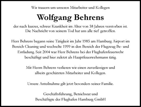 Traueranzeigen Von Wolfgang Behrens Hamburgertrauer De