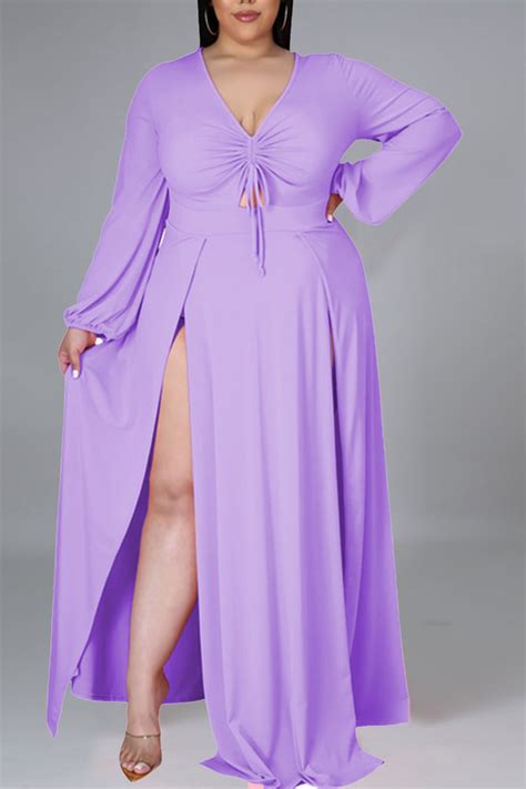 Purple Elegant Solid Patchwork Frenulum High Opening V Neck Long Sleeve Plus Size Dressesplus