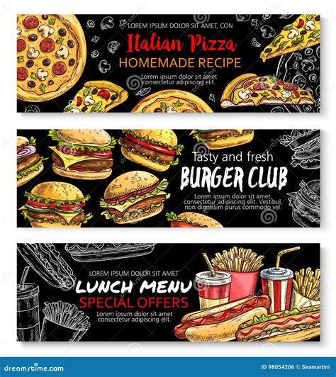 Fast Food Menu Special Offer Chalkboard Banner Set Stock Vector