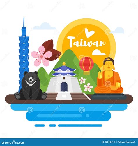 Taiwan Map With Cultural Symbols. Cartoon Vector | CartoonDealer.com #97402641