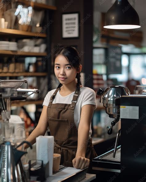 Young Women Barista In An Apron Making Coffee In A Coffee Shop