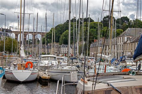 Morlaix The Marina And Viaduct In Downtown Finistère Brittany Stock