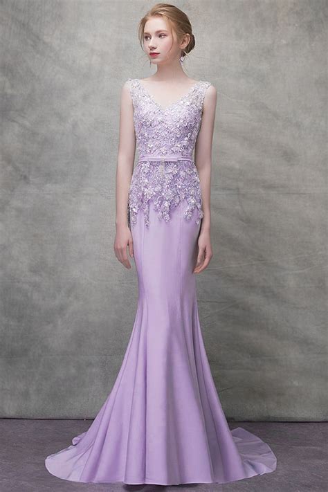 Robe Soirée Mariage Sirène Violette élégante Appliqué De Dentelle