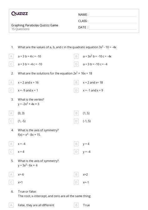 Graphing Parabolas Worksheets For Th Class On Quizizz Free