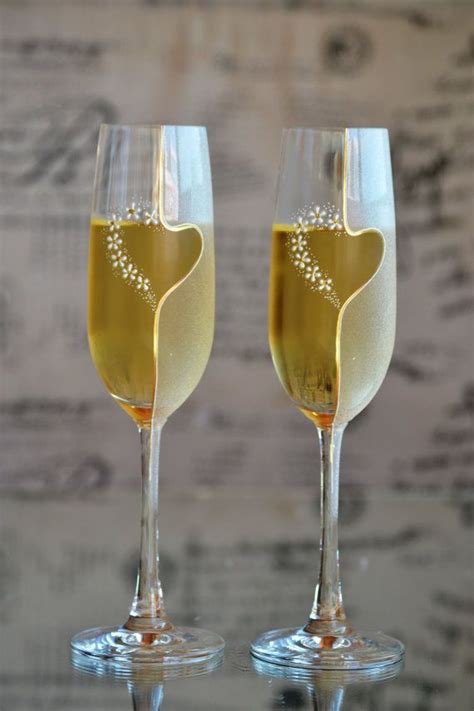 Hand Painted Toasting Glasses Wedding Champagne Flutes Decorated With Gold And Flowers Set Of