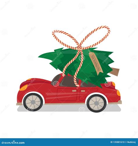 Red Car With Christmas Tree On Top Stock Vector Illustration Of T