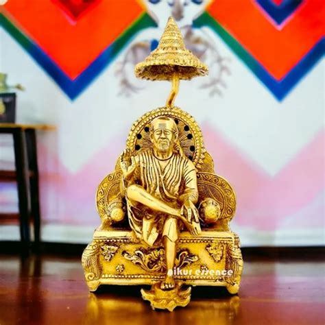 Golden Brass Shirdi Sai Baba With Chair Chatra Murti Idol Temple At