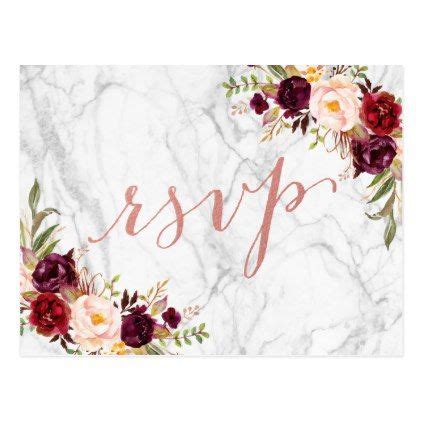 Burgundy Floral Rose Gold Marble Wedding RSVP Invitation Postcard