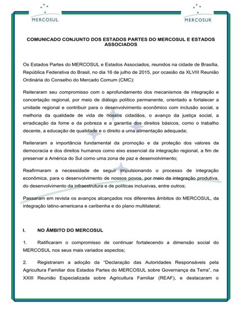 Comunicado Conjunto Dos Presidentes Dos Estados Partes Do Mercosul