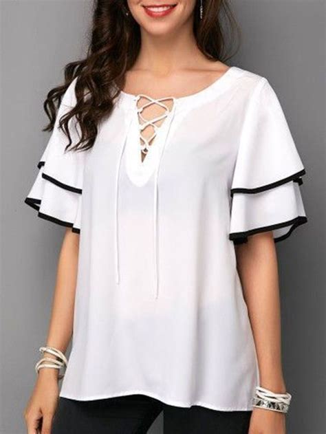 Stylewe Short Sleeve White Women Blouses Polyester Casual V Neck Daily