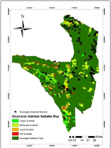 Map showing the elephants habitat suitability map based on the weight ...