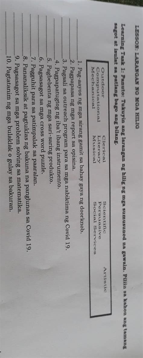 Learning Task Panuto Tukuyin Ang Larangan Ng Hilig Ng Mga Sumusunod