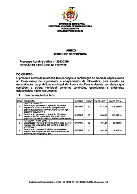 TERMO DE REFERENCIA Prefeitura Municipal de Aurora do Pará Gestão