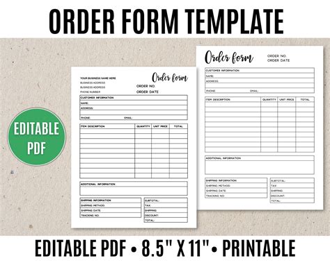Order Form Template Editable, Order Form Printable - Editable PDF - Etsy 