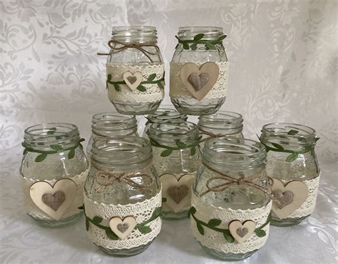 X Sage Green And Lace Decorated Jars For Wedding Centerpieces Rustic