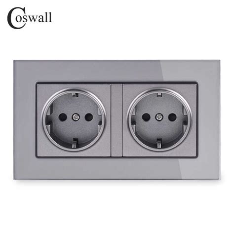 Coswall 16A Double EU Standard Wall Socket Crystal Glass Panel Power