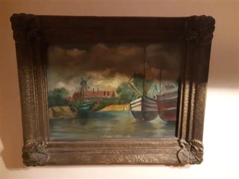 ALTES ÖLBILD GEMÄLDE Hafen Segelschiff Boote gerahmt signiert 53 x45 cm