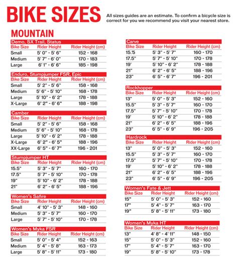 Specialized Mountain Bike Size Chart