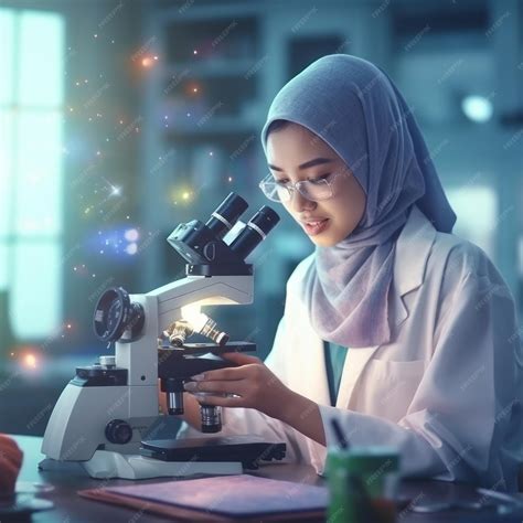 Premium AI Image | a women holding microscope on the material science