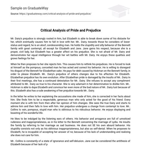 Critical Analysis Of Pride And Prejudice Essay Example Graduateway