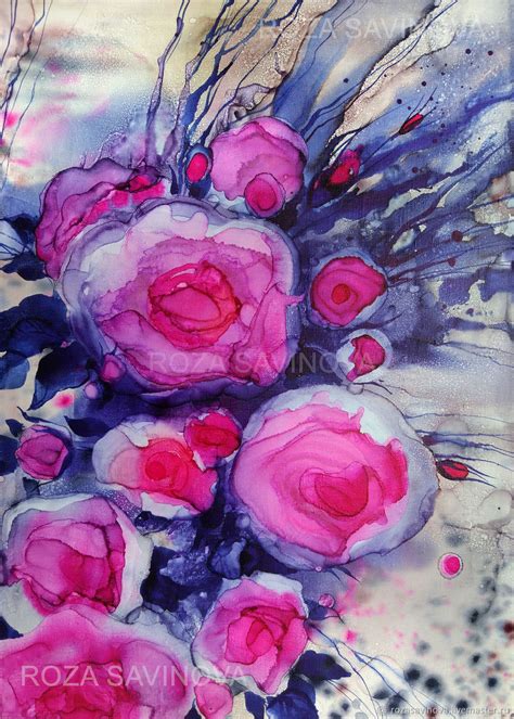 Картина спиртовыми чернилами Абстракция с цветами Alcohol ink ...