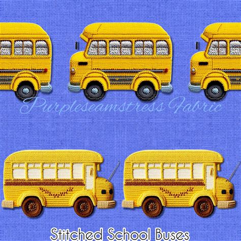 Faux Stitched School Buses Cotton Lycra Purpleseamstress Fabric