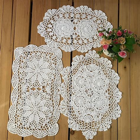 Mindplus Set Of 3 Cotton Hand Crochet Lace Doily Placemats Oval Rectangle Dresser