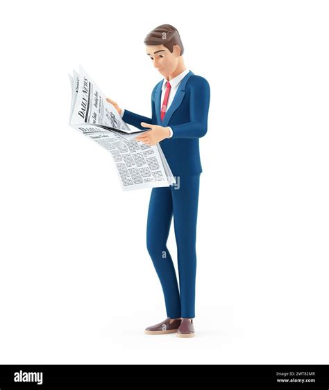 3d Cartoon Businessman Standing And Reading A Newspaper Illustration