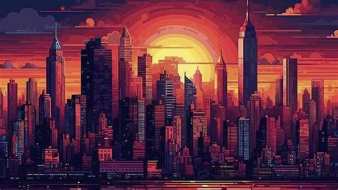 Pixel Sunset Over Retro Cityscape Backiee