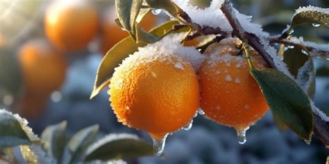 Premium Photo There Are Two Oranges Hanging From A Tree With Snow On