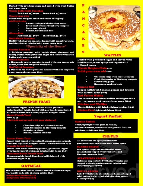 Sunrise Breakfast And Lunch Restaurant Menu In Chicago Illinois Usa