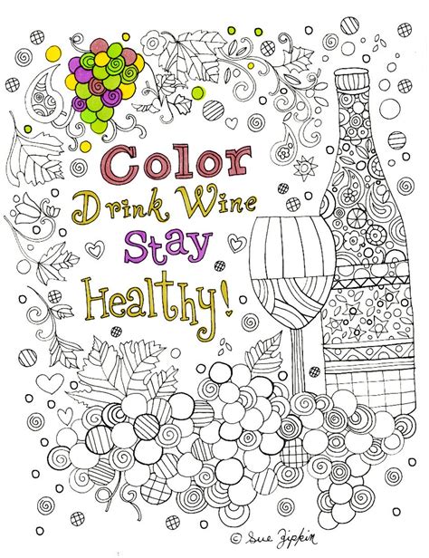 Printable Adult Wine Coloring Page For Instant Download By Sue Zipkin