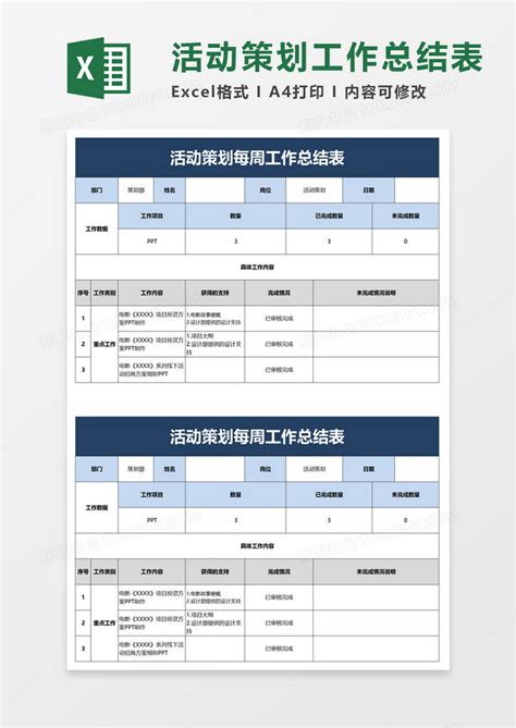 精美活动策划每周工作总结表Excel模板下载 熊猫办公