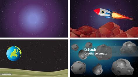 Ilustración De Conjunto De Diferentes Escenas Espaciales Y Más Vectores Libres De Derechos De