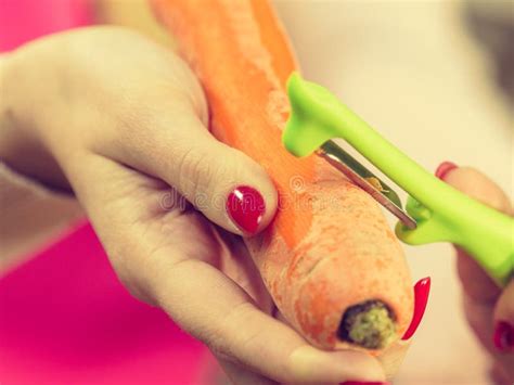 Woman Peeling Carrot Vegetable Stock Photo Image Of Knife Prepare