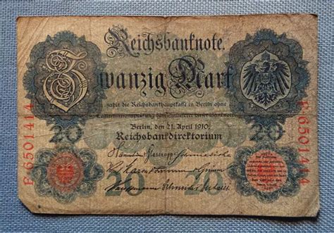 ALTE REICHSBANKNOTE ZWANZIG Mark Berlin 21 April 1910